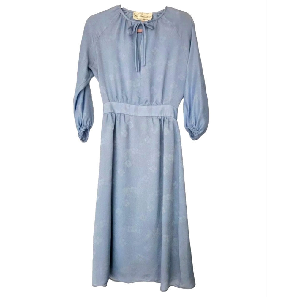 Vtg 70s Dress Spring Blue Vogue Paris International Flowers Brocade Size 8